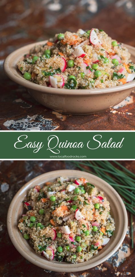 This easy vegan quinoa salad filled with fresh vegetables and a tangy fresh herb dressing is perfect for a crowd or just to portion out and enjoy all week as a healthy lunch. | Local Food Rocks Vegan Quinoa Recipes, Easy Quinoa Salad, Food Rocks, Vegan Quinoa Salad, Light Summer Meals, Herb Dressing, Easy Quinoa, Vegan Quinoa, Summer Meal