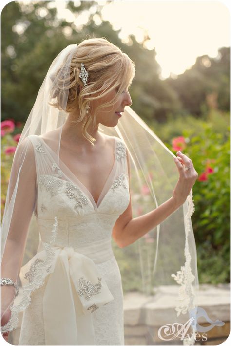 Fort Worth Botanical Gardens Bridal Portraits Robert Carr Chapel Soft Romantic Bridals Lace Dress Fitted Deep V Button Back Fingertip Veil Delicate Gorgeous-5752 Veil Over Face, Garden Bridal Portraits, Hair With Veil, Wedding Hairstyles For Short Hair, Hairstyles With Veil, Short Hair Bride, Fingertip Veil, Wedding Crashers, Wedding Hairstyles With Veil