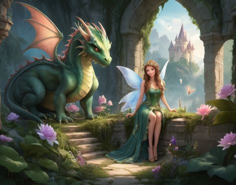 Discover the enchanting world of a forest fairy and her loyal dragon companion! 🧚‍♀️🐉🌲 This captivating scene brings to life the magical bond between the delicate fairy and her majestic dragon, set against the lush backdrop of a mystical forest.Bring the magic and wonder of this fairy and her dragon into your home.  #ForestFairy #Dragon #MagicalBond #MysticalForest #Enchanting #Whimsical#FantasyDecor #NatureLovers #FairyTale #UniqueDecor #FantasyArt #MagicalCreatures #Whimsical #Enchanting Dragon With Flowers, Dragon Companion, Majestic Dragon, Enchanting Forest, Mystical Forest, Forest Fairy, Owl Art, Magical Forest, Magical Creatures