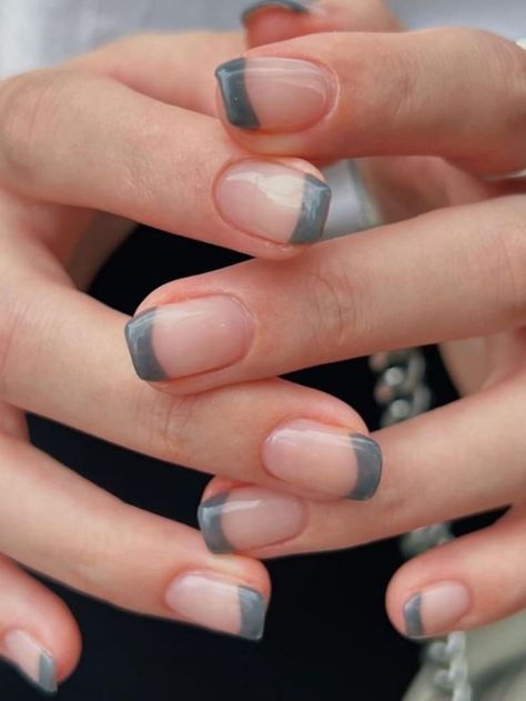 short, dark gray French tips Dark Colored French Tip Nails, Grey Nail Tip Designs, Grey French Manicure Nails, French Tip Nails Gray, Short Grey Nails Gel, Pink And Gray French Tip Nails, Grey Tipped Nails, French Tip Grey Nails, Short Tipped Nails