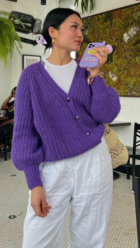 Outfit With Purple Sweater, Cardigan Outfit Purple, Purple Cardigan Outfits Aesthetic, Cardigan Outfits Aesthetic, Purple Cardigan Outfits, Purple Sweater Outfit, Therapist Outfit, Midsize Outfits, Purple Cardigan