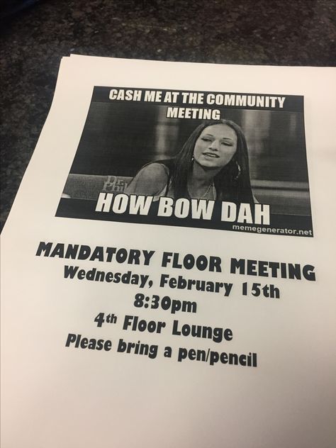 RA Community Meeting Posters Mandatory Floor Meeting Ra, Meet Your Ra, Resident Assistant Programs, Ra Bulletins, Ra Boards, Ra Bulletin Boards, Resident Assistant, Ra Ideas, Dance Moms