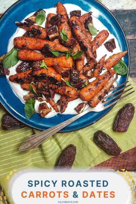 spicy roasted carrots and Medjool dates Carrots And Dates, Carrot Dishes, Steamed Carrots, Honey Roasted Carrots, Yogurt Recipe, Drink Inspiration, Side Dishes For Bbq, Broth Recipes, Medjool Dates