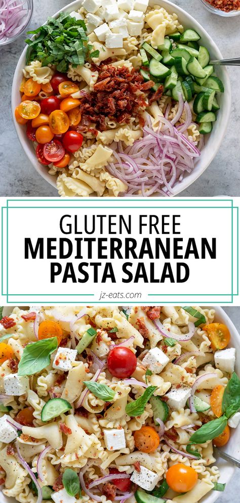 mediterranean pasta salad in a bowl Gluten Free Mediterranean, Gluten Free Pasta Salad Recipes, Chickpea Pasta Salad, Pasta Salad Vegan, Picnic Salads, Protein Pasta Salad, Mediterranean Pasta Salad, Gluten Free Pasta Salad, High Protein Pasta