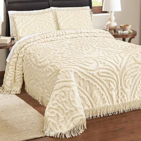 Simple Bed Designs, Chenille Bedspread, Simple Bed, Collections Etc, Bedding Stores, Medallion Design, White Home Decor, White Houses, Fringe Trim