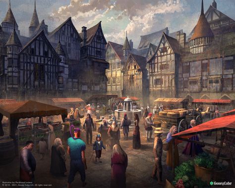 ArtStation - Tudor town square, Ferdinand Ladera Fantasy City Art, Fantasy Village, Fantasy Town, Minecraft City, Fantasy Background, Rpg Map, Location Inspiration, Medieval World, Environment Art