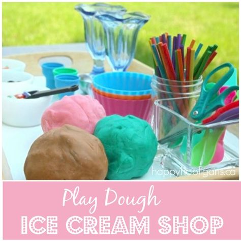 Kids love ice cream, and kids love play dough, so we've combined the two, and come up with this Play Dough Ice Cream Shop!  It's a terrific pretend play great for keeping toddlers and preschoolers entertained, learning and developing their fine motor skills! The hooligans LOVE homemade playdough, and we've done a ton of creative pretend play activities with play dough over the years.  Homemade play dough is so easy to make I don't know why I don't make it more often.  I had it in my head that we Cooked Playdough, Play Preschool, Preschool Sensory, Dough Ideas, Craft Recipes, Happy Hooligans, Children Crafts, Dramatic Play Preschool, Play Activity