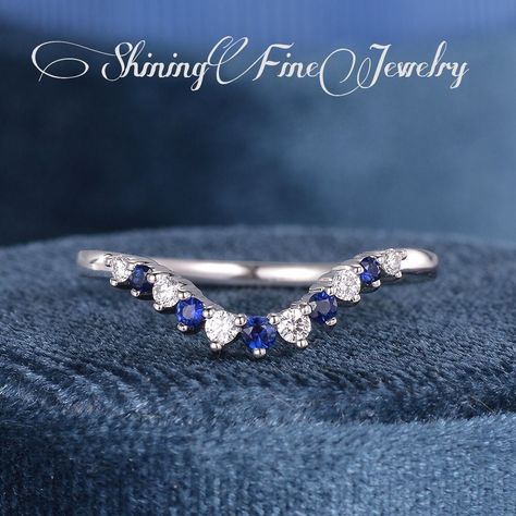 Sapphire Diamond Curved Wedding Band Woman White Gold Sapphire Wedding Band Dainty Chevron Stacking Ring September Birthstone Gift For Her ♥Product Details♥ -Stone: Natural Sapphire, VG Clarity -Weight: 0.1CT -Stone: Natural Diamond, H Color, SI clarity -Weight: 0.1CT Total -Ring Band: 1.4mm -Metal Choice:14K or 18K Solid Gold (Rose, White, or Yellow) **Handmade in USThe making process is about 2-3 weeks!! ♥ShiningFineJewelry Service Available♥ - Accept return and exchange for normal orders. All Pearl Wedding Bands, Sapphire And Diamond Band, Cape Wedding, Band Ideas, Sapphire Wedding Rings, Blue Moissanite, Sapphire Wedding Band, Eternity Rings, Gold Chevron