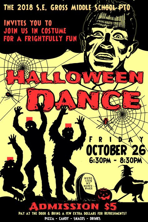 Monster Mash Dance Party, School Halloween Dance Decorations, School Halloween Dance, Halloween Dance Poster Ideas, Halloween Dance Ideas, Middle School Dance Themes, High School Halloween, Halloween School Activities, Halloween Student