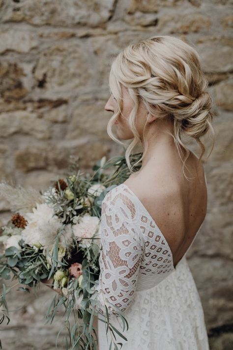 Bridal Gown Long Lace Sleeves Back Cutout Boho Wedding Dress Vintage Bridal Hairstyle Boho Wedding Dress With Sleeves, Vintage Bridal Hair, Bridal Hairstyle Indian Wedding, Boho Updo, Wedding Hairstyles And Makeup, Vintage Wedding Dress Boho, Vintage Wedding Hair, Wedding Hairstyles With Veil, Dress Hairstyles