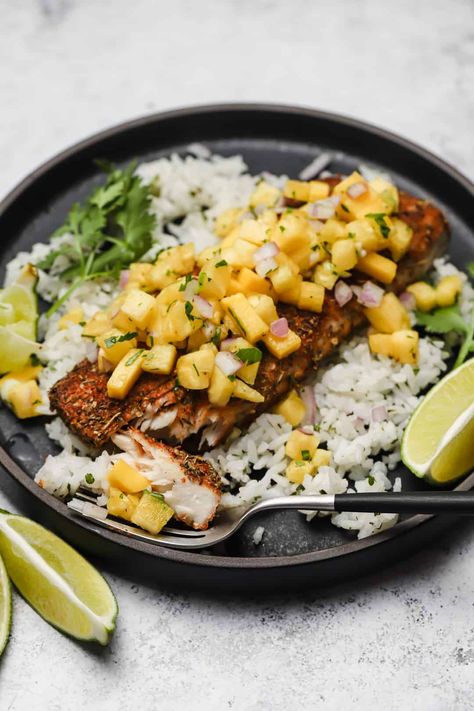 Blackened Mahi Mahi with Pineapple Mango Salsa - Well Seasoned Studio Blackened Mahi Mahi, Pineapple Mango Salsa, Mahi Mahi Recipe, Recipe With Pineapple, Cajun Shrimp And Grits, Blacken Fish, Fresh Corn Salad, Easy Rice, Easy Rice Recipes