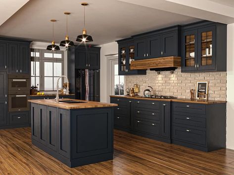 Black Kitchen Cabinets With Butcher Block Countertops, Nice Restaurant, Transitional Decor Kitchen, Casa Country, East Nashville, House Layout, Blue Cabinets, House Design Kitchen, Kitchen Room Design