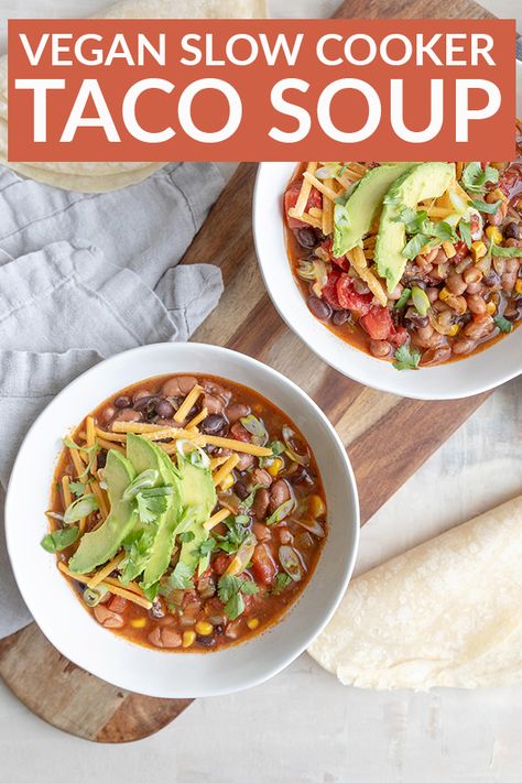 Slow Cooker Taco Soup! This vegan taco soup recipe is cozy comfort food. If you like tacos then you'll love this taco-inspired soup! Vegan Taco Soup, Slow Cooker Taco Soup, Slow Cooker Taco, Vegan Slow Cooker Recipes, Vegan Taco, Vegan Slow Cooker, Vegan Mexican Recipes, Taco Soup Recipe, Slow Cooker Tacos