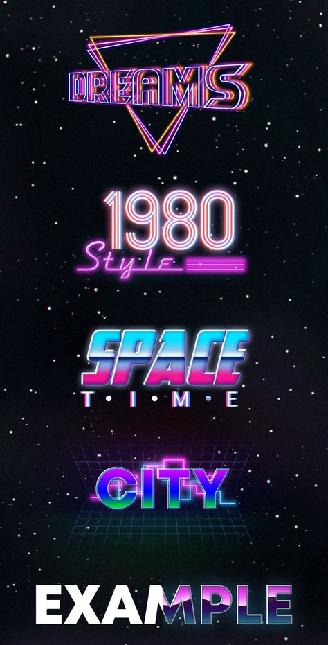 Download this bright and really amazing 10 Free 80s Text Effects for the best themed graphic design and awesome presentations of your business! Identify design and corporate style, or just implement your creative idea. #PsFiles 80s Font, Logo Typo, Graphic Design Text, Synthwave Art, Retro Graphic Design, 80s Design, Desain Editorial, 타이포그래피 포스터 디자인, New Retro Wave