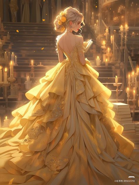 Casual Gowns, Gown Drawing, Elf Dress, Dreamy Gowns, Ladies Lunch, Yellow Gown, Golden Dress, Princess Art, Couture Gowns