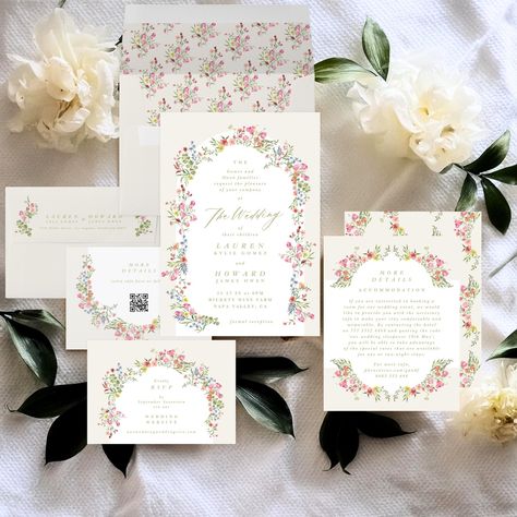 my romantic dainty floral arch spring garden wedding invitation and wedding suite � #WeddingSeason #zazzlemade #wedding Cake Food Photography, Spring Wedding Photos, Garden Wedding Invitation, Romantic Wine, Spring Garden Wedding, Rsvp Invitation, Garden Wedding Invitations, Wedding Floral Arrangements, Floral Collection