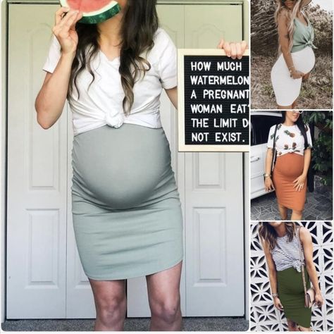 Maternity Dress With Tied Shirt, Tshirt Over Dress Pregnant, Shirt Over Dress Outfit Pregnant, Maternity Skirt And Tied Shirt, Pregnant Concert Outfit Summer, Maternity Bodycon Dress Outfits, Maternity Country Concert Outfit, Knotted Dress Outfit, Bump Outfits