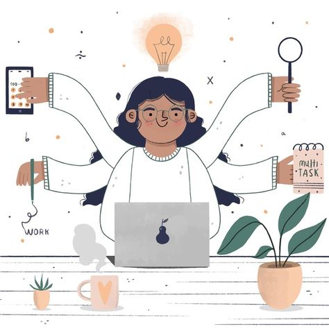 Creative People Illustration, Multi Tasking Woman Illustration, Multitasking Woman Illustration, Multitasking Aesthetic, Working Women Illustration Art, Working Woman Illustration, Business Woman Drawing, Business Woman Illustration, Business Woman Cartoon