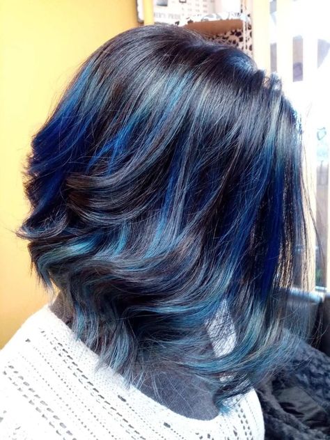 Blue Hair Peekaboo Highlights, Shades Of Blue Hair Dye, Royal Blue Hair Highlights, Blue Faded Hair, Blue Ombre Hair Medium Length, Navy Blue Hair Color Highlights, Haircolor Ideas For 2023 Short Hair, Blue And Black Hair Short, Short Hair With Blue Highlights