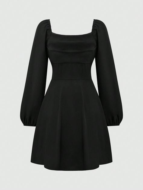 Black Casual,Elegant Collar Long Sleeve Polyester Plain A Line Embellished Non-Stretch  Women Clothing Black Dresses For Teens Long Sleeve, Short Black Dress Long Sleeves, Dressy Fall Dresses, Clothing Png, Short Noir, Vintage Black Dress, Black Silk Dress, Silk Dress Long, Lantern Sleeve Dress