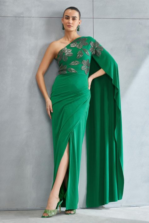 Green one shoulder gown with stone embellishment for women Placement Pattern, Flowy Dress Long, Green Jersey, Gown For Women, Gown Pattern, Green Gown, One Shoulder Gown, Embellished Gown, Engagement Dresses