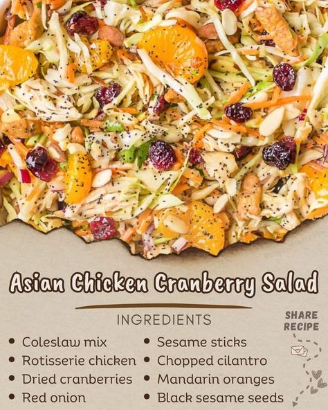 Chicken Cranberry Salad, Chicken Cranberry, Asian Chicken Salad, Sesame Sticks, Cranberry Salad, Recipe Step By Step, Asian Chicken, Summer Lunch, Coleslaw Mix