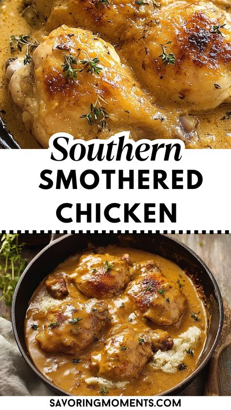 Tender chicken thighs simmered in a rich, creamy gravy with onions and garlic, creating a mouthwatering Southern classic. Comfort food at its best, perfect for family dinners or cozy nights in. Craving something new? Get the recipe here. #southernchicken #comfortfood #smotheredchicken #chickenrecipe #southernrecipes #homemadegravy #easychickenrecipes #chickendinner #weeknightmeals #soulfood Crock Pot Chicken And Gravy Recipes, Gravy Smothered Chicken, Roasted Chicken And Gravy, Chicken And Rice With Gravy Recipes, Kentucky Fried Chicken Gravy Recipe, Baked Chicken In Gravy, Southern Fried Chicken Recipe Soul Food, Southern Smothered Chicken Recipes, Southern Main Dishes