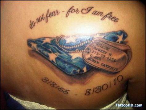 This! is incredible.   <3 Ryan...My husband, my hero. Fallen Soldier Tattoo, Small Wings Tattoo, Dog Tags Tattoo, Grandfather Tattoo, Memorial Tattoo Designs, Marine Tattoo, In Loving Memory Tattoos, Military Tattoo, Soldier Tattoo