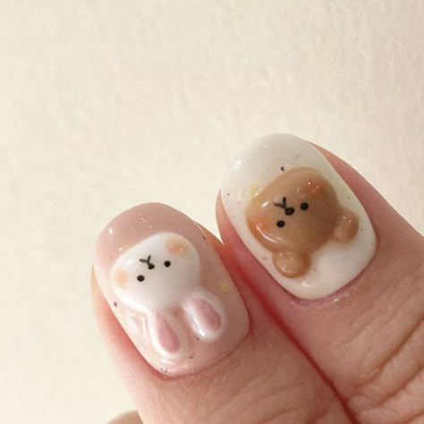 Short Teddy Bear Nails, Molang Nails, Fall Bear Nails, Cute Bear Nail Art, Cute 3d Nail Designs, 3d Bear Nails, Spring Nails Korean, Spring Korean Nails, Sanrio Nails Simple