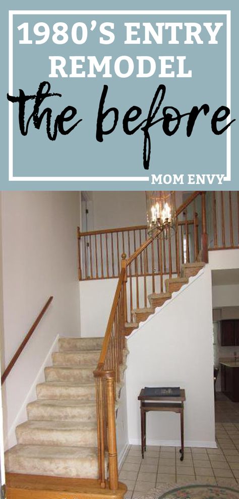 One Room Challenge: 1980's Entry Way Remodel - Farmhouse Style Entry Foyer Ideas Entryway Stairs, Entryway Color Ideas, Entry Farmhouse, Exterior Entryway Ideas, Staircase Remodel Diy, Stair Landing Decor, Foyer Colors, Stairway Makeover, Entry Remodel