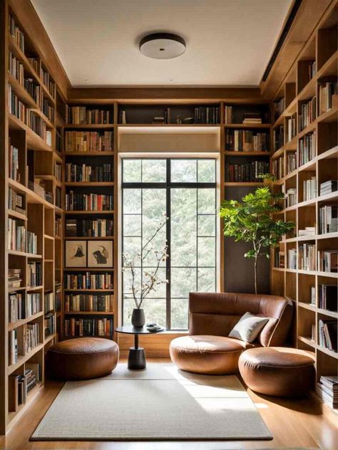 21+ Inspiring Ideas For Home Library Designs 20 Organic Modern Library, Music Library Room, Small Library Room Ideas Reading Areas, Mcm Library, Ideas For Home Library, Library Sitting Room, Small Library Room, Small Home Library Ideas, Library Design Ideas