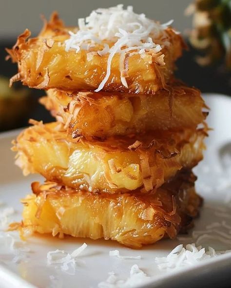 Fried Pineapple with Coconut Crust - a sweet and crispy tropical dessert perfect for summer gatherings and festive occasions. Coconut Milk Substitute, Fried Pineapple, Optimal Recipes, Coconut Crust, Tropical Desserts, Unique Snacks, Lemon Zucchini, Pineapple Rings, Must Have Kitchen Gadgets