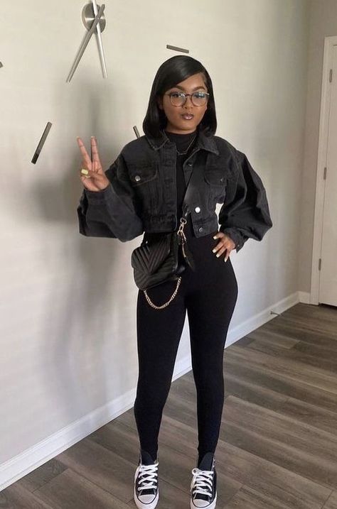 Black High School Outfits, Cute All Black Outfits Baddie, Black Crop Top Jacket Outfit, All Black Semi Casual Women, Cute All Black Outfits For School, Dinner Outfits All Black, Black One Piece Outfit Ideas, Sneaker Party Outfits Women, Cute Outfits With Converse Black