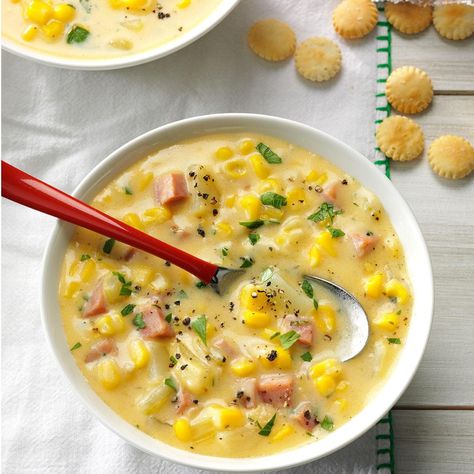 When the day calls for a warm bowl of chunky soup, we make a big pot of the goods—potatoes, corn, ham and cheese. —Andrea Laidlaw, Shady Side, Maryland Ham And Corn Chowder, Ham Chowder Recipe, Cheap Soup, Ham Chowder, Chunky Soup, Potato Corn Chowder, Cheesy Ham, Potato Chowder, Corn Chowder Recipe