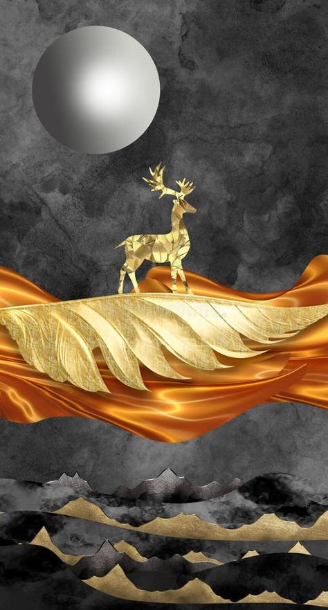 Vertical canvas digital artwork. Golden deer and leaf, mountains on paint black background. wall poster art decor royalty free illustration Paint Black Background, Drawing Deer, Wall Poster Art, Golden Deer, Decor Drawing, Deer Painting, Paint Black, Cute Cat Wallpaper, Free Illustration