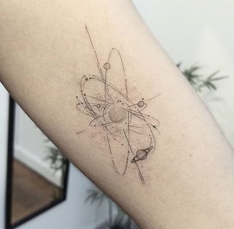 Physics Tattoos, Astronomy Tattoo, Science Tattoos, First Tattoo Ideas, Universe Tattoo, Planet Tattoos, Aesthetic Shorts, Space Tattoo, Subtle Tattoos