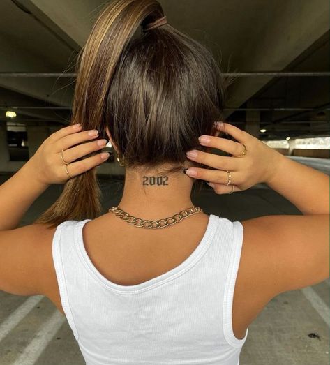 2002 Tattoo, Birth Year Tattoo, Tattoo Necklace, Year Tattoo, Necklace Tattoo, Back Of Neck Tattoo, Neck Tattoos Women, Neck Tattoos, Tattoos Women