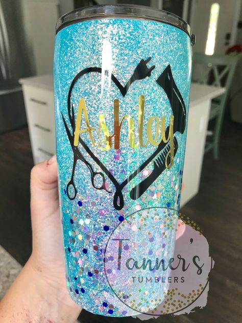 An order from my hairdresser. #tannerstumblers Cosmetology Tumbler Cups, Glitter Tumblr, Cup Business, Yeti Cup Designs, Glitter Water Bottles, Cup Making, Epoxy Cups, Glitter Yeti, Yeti Cups