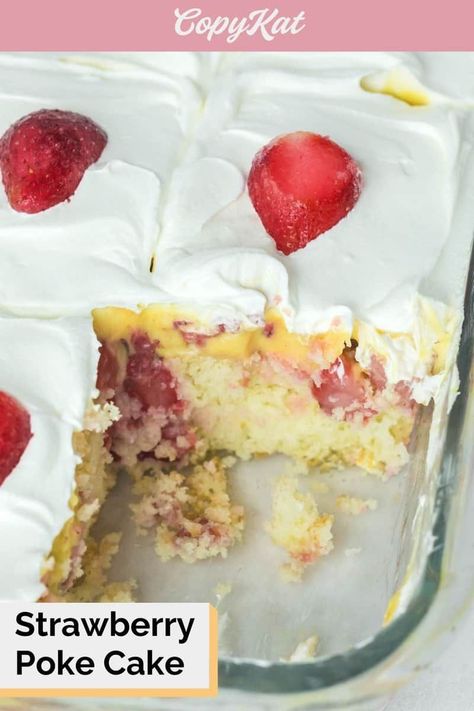 Strawberry Poke Cake is a luscious dessert! A layer of pudding makes it extra creamy and delicious. Get the easy recipe and find out how to make the best strawberry poke cake with cake mix, pudding mix, frozen strawberries, and Cool whip. This poke cake without Jello has natural flavor from the strawberries. French vanilla gives it richness and will have people coming back for seconds. Strawberry Pudding Poke Cake, White Cake Mix With Strawberries, Strawberry Poke Cake With Pudding, Cake With Pudding Mix In It, Strawberry Poke Cake Jello, Vanilla Pudding Poke Cake, Poke Cake With Pudding, Strawberries And Cool Whip, Strawberry Poke Cake