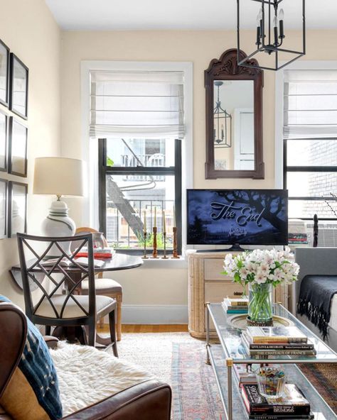 Apartment Therapy on Instagram: “@adnananwardesign's 380-square-foot NYC rental is stuffed with smart and stylish decor tricks—like replacing a standard light fixture with…” New York Apartment Interior, Nyc Studio Apartments, Compact Furniture, Apartment Decoration, Small Space Design, New York Apartment, Tiny Apartment, Vintage Bowls, Apartment Inspiration