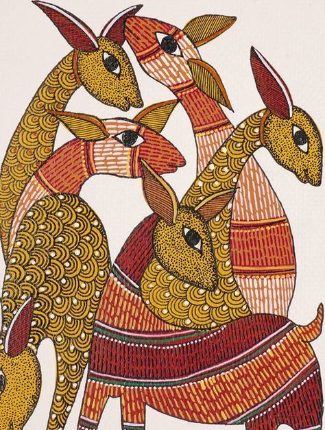 Folk Art Animals, Gond Art, Gond Painting, Animal Art Projects, Gold Art Painting, Kalamkari Painting, Folk Art Flowers, Contemporary Art Painting, Madhubani Art