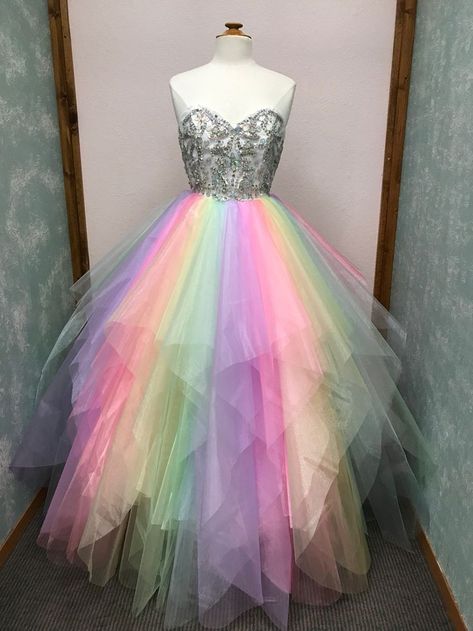 Rainbow Prom Dress, Book Bujo, Rainbow Wedding Dress, Unicorn Wedding, Unicorn Fairy, Rainbow Fairy, Quince Dresses Mexican, Tulle Skirt Dress, Glittery Dress