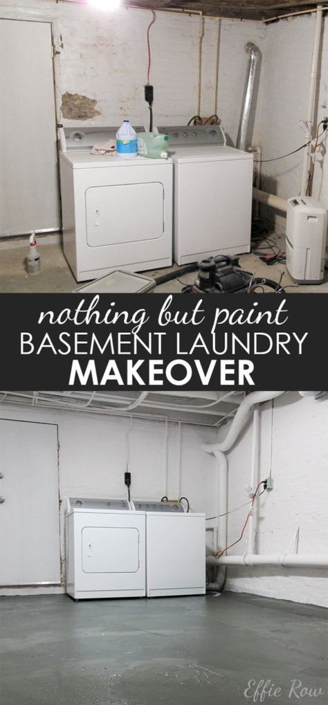 Refreshing a dark basement laundry room with lots of paint (floors, walls, ceiling) Paint Laundry Room, Basement Laundry Room Makeover, Basement Foundation, Laundry Makeover, Dark Basement, Old Basement, Ceiling Kitchen, Basement Lighting, Painted Concrete