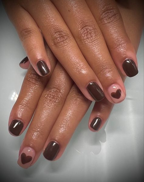 Heart nails, little girls nails Dark Brown Gel Nails Short, Downtown Nails, Shellac Nail Colors, Brown Nail Art, Natural Gel Nails, Natural Nail Designs, Heart Nail Designs, Cute Short Nails, Maroon Nails