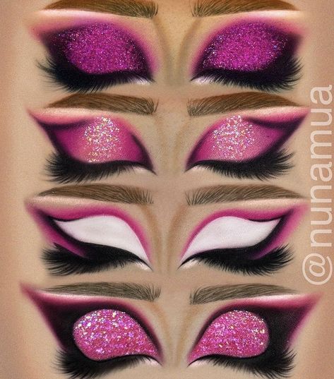 Pink Halloween Eyeshadow, Hot Pink Drag Makeup, Pink And Purple Drag Makeup, Pink Drag Makeup Looks, Black Pink Eye Makeup, Pink Cat Makeup, Pink And White Eyeshadow Looks, Pink Halloween Makeup Looks, Halloween Makeup Step By Step