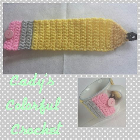 Cady's Crochet Blog and Much More: Back to School Pencil Coffee Cozy! FREE PATTERN School Crochet, Crochet Teacher, Crochet Teacher Gifts, Crochet Cozies, Crochet Pencil, Coffee Cozies, Crochet Mug Cozy, Crochet Coffee Cozy, Crochet Coffee