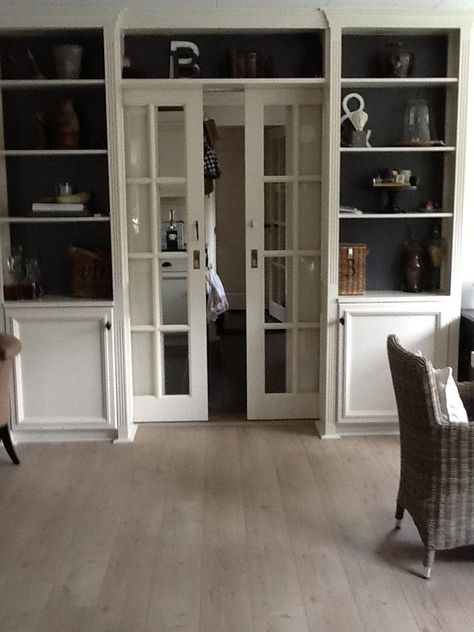 Interior French Doors Bedroom, French Door Pocket Door, Pocket Door Behind Bookcase, Double Pocket French Doors, Pocket Door Bookcase, Bookcase Archway, Bookcase Sliding Door, Bookcase Around Door, French Pocket Doors Interior