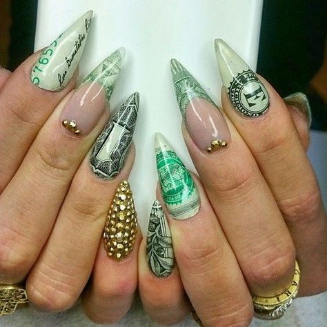 Image Nails, Get Nails, Dollar Bill, Dope Nails, Creative Nails, Gold Nails, Stiletto Nails, Love Nails, Nails On Fleek