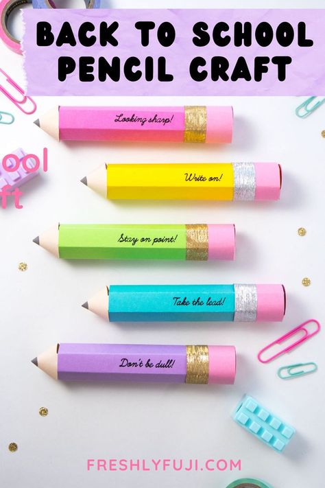 Photo of 5 handcrafted paper pencils on a white background. They are colorful and have puns printed on them. Pencil Gift For Students, Free Pencil Svg Files For Cricut, Candy Pencil, Pencil Dispenser Teacher Diy, Diy Teacher Pencil Sign, Classroom Party Favors, Back To School Pencil-shaped Pencil Case Gift, Pencil Craft, Pencil Crafts