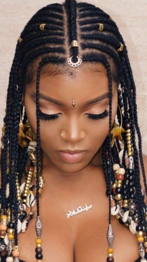 Cleopatra Braids Black Women, Women's Cornrow Hairstyles, Cornrow Ideas For Black Women, Cornrow Ideas Natural Hair, Unique Braids For Black Women, African Hairstyles For Women, Fulani Braids Hairstyles, Braids And Beads, Protective Hairstyles For Natural Hair